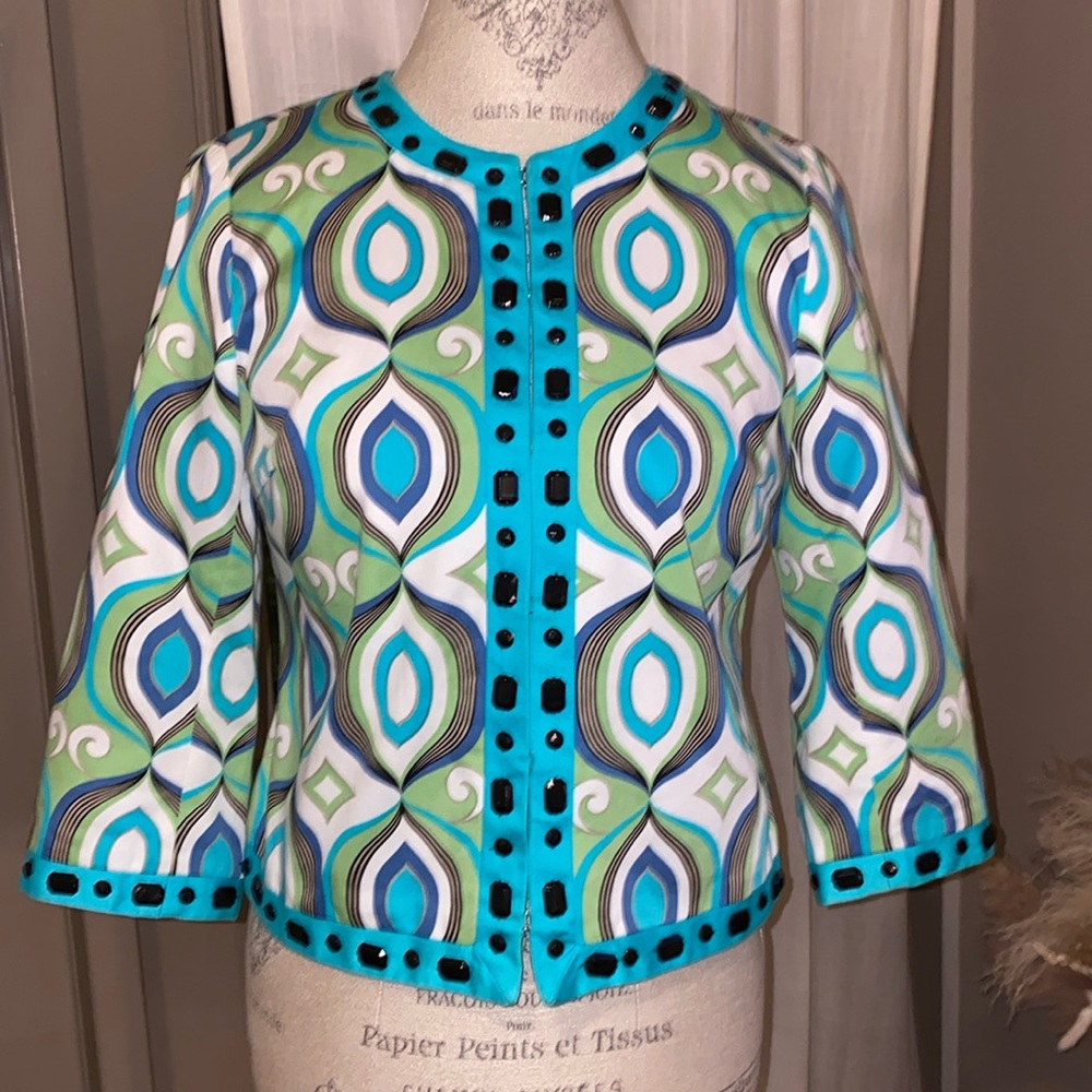 SILKLAND green turquoise blue white ladies blazer black jewel trim Medium Petite